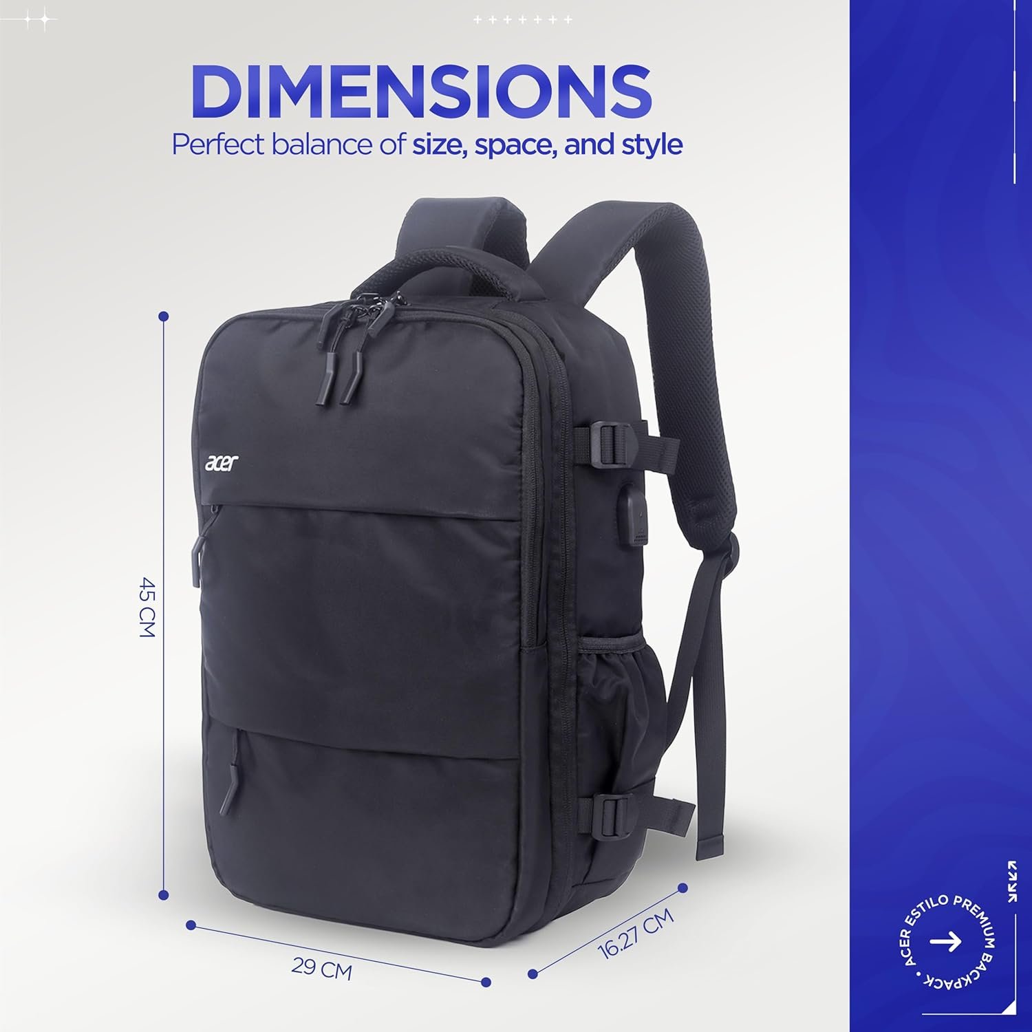 Acer Estilo Premium 15.6 Inch Black Color Backpack I Water Resistent Polyester I Expandable, 2 Zipper Front Pocket, 2 More Compartment for Laptop and Other Accessories I USB Charging I Strolley Strap - Image 8