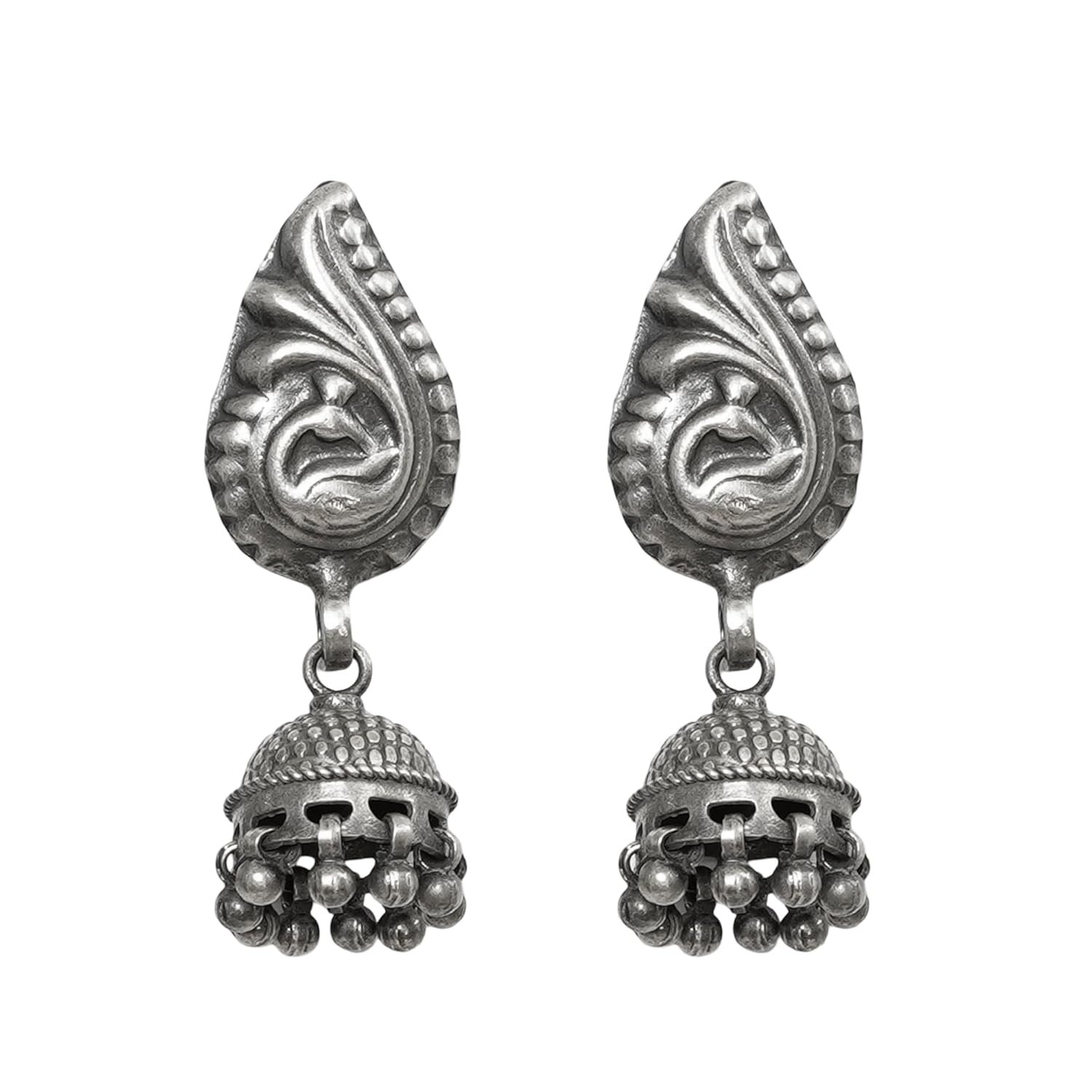 Sitara Handcrafted Stamped & Embossed Silver Jhumkas | Silver Jewellery for Earrings | Stylish Earrings