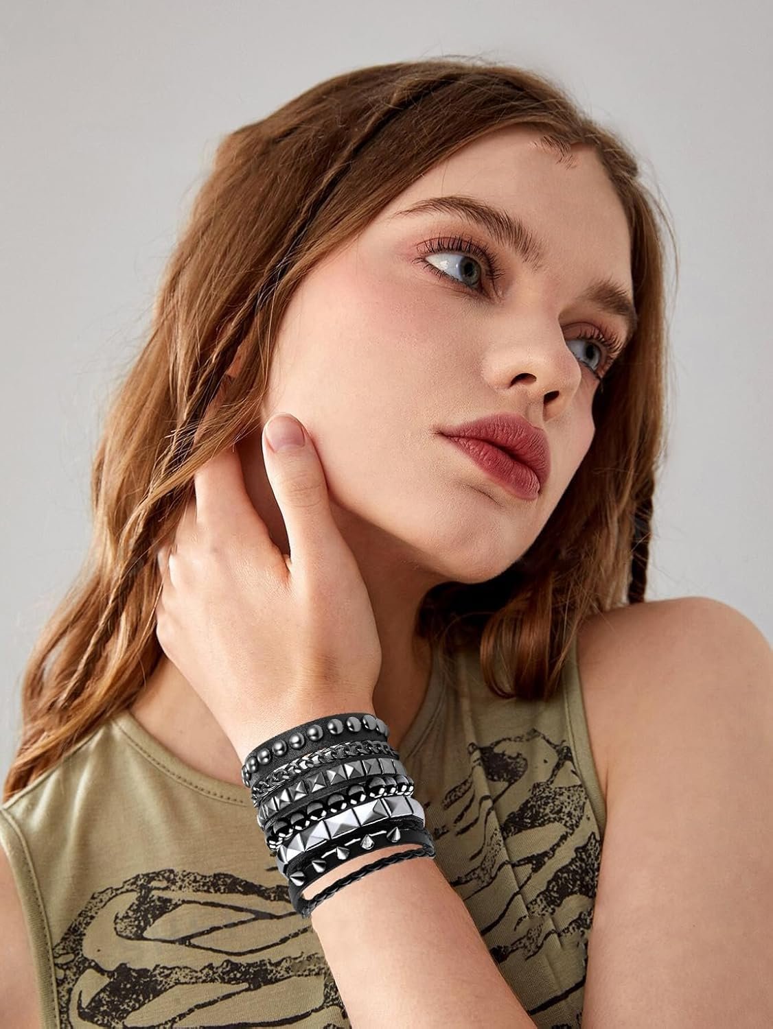 Goth Accessories, Gothic Jewelry Set, Punk Rock Studded Bracelets for Women & Men, Emo Accessories for Concert Outfits, 4-Piece Leather Bracelet Set in Black - Image 4