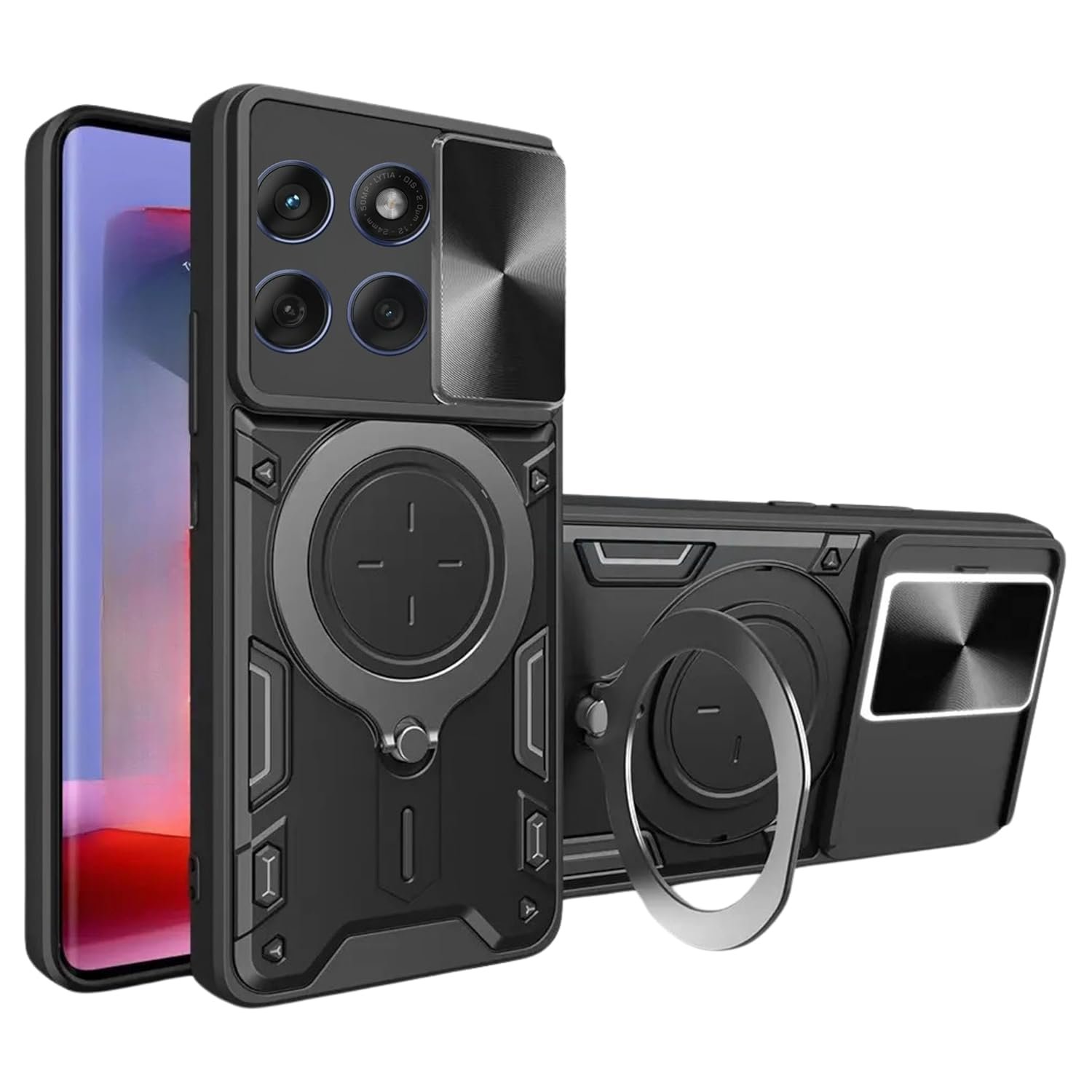 Designerz hub® Motorola Edge 60 Fusion 5G Back Case | Hybrid Case with 360 Degree Rotating Finger Ring Holder + Slider Shutter Camera Protection Case for Motorola Edge 60 Fusion 5G- Black