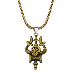 M Men Style Om Tamil Trishul Metal Pendant With 22 Inch Box Stainless Steel Chain | Spiritual Trident Necklace | Hindu Religious Jewelry for Men & Women