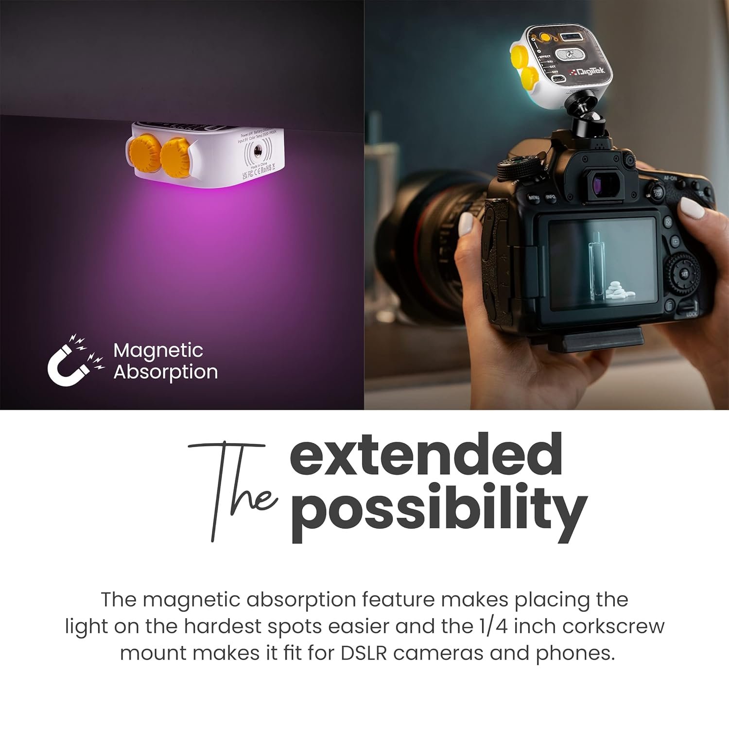 DIGITEK® (LED-D10W RGB) 10W Portable Multi Color Mini LED Video Light with 3 Color Modes, 360° Rotation, Magnetic Absorption, 2500-9000K Color Temperature, 2Hrs Battery Life, Camera & Tripod Mountable - Image 8