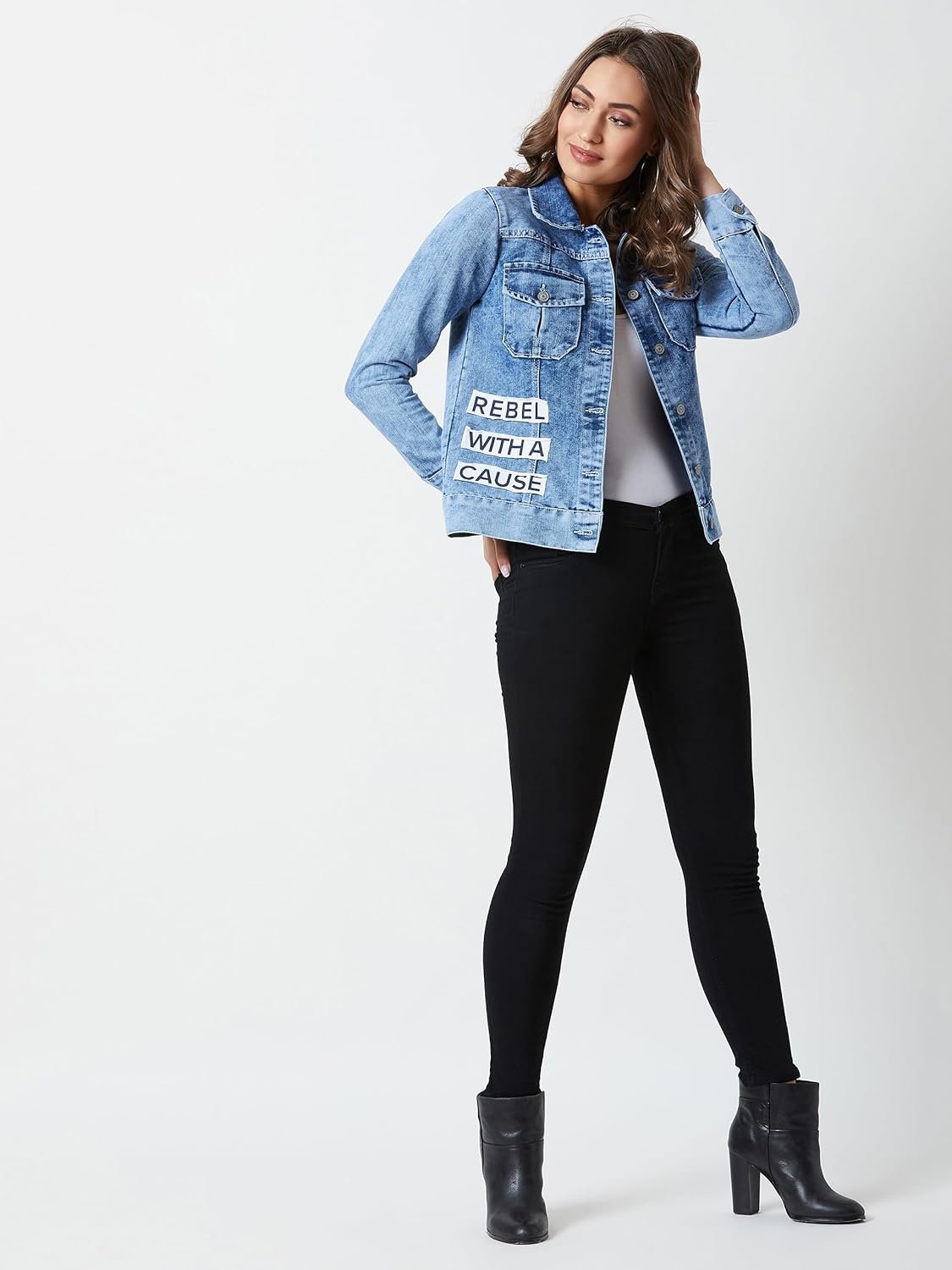 Miss Chase Women's Collared Solid Full Sleeve Regular Length Denim Jacket - Image 2