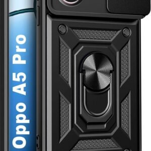 Hupshy Back Cover for Oppo A5 Pro 5G | D10 Tough Armor Case | Sliding Camera Shield | 360° Protection | Kickstand Ring Holder | Military-Grade Shockproof Bumper Case (Black)