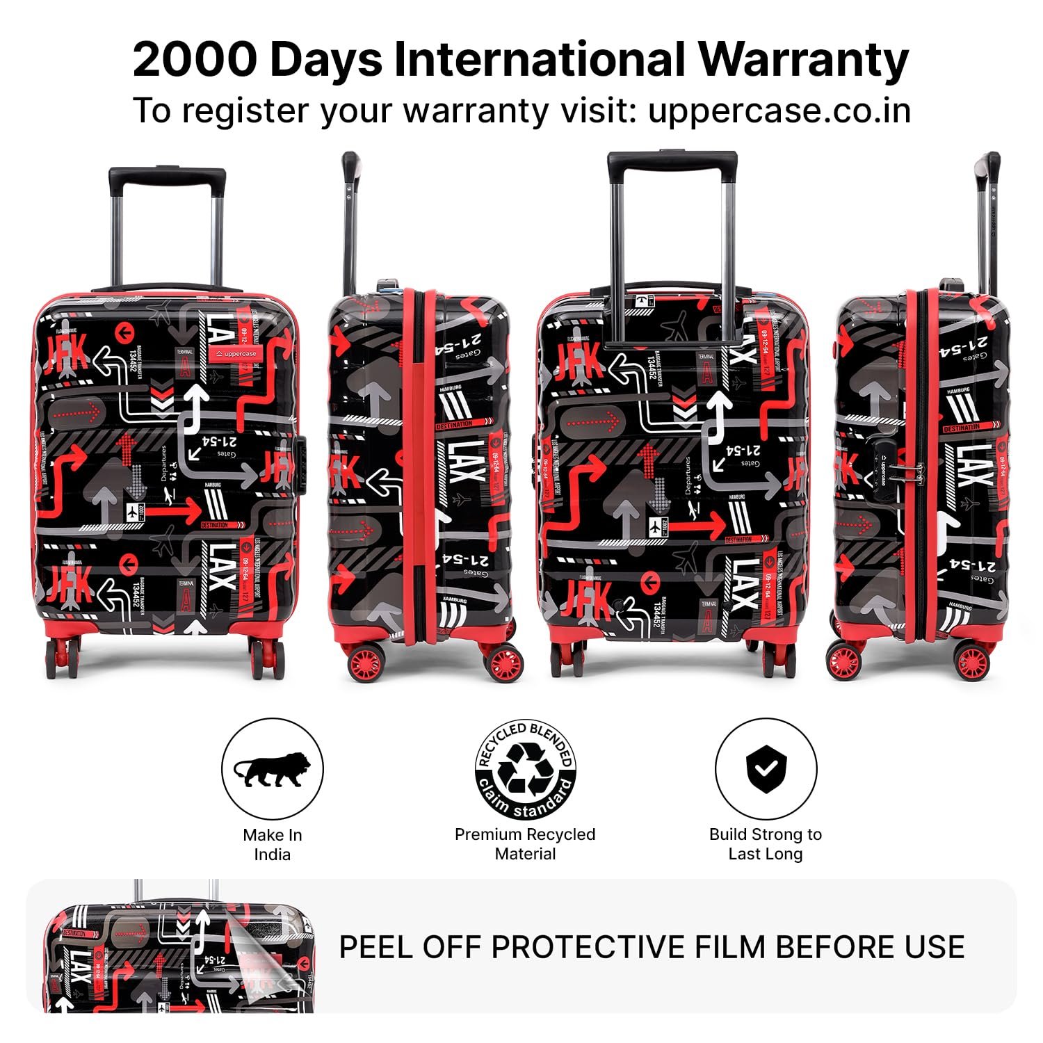 uppercase JFK (Small) 56Cms, Hardsided Cabin Trolley Bag for Travel, Eco Polycarbonate Printed Luggage, Combination Lock,8 Wheel Trolley Bag, Suitcase for Unisex, 2000 Days Warranty (Black, Spinner) - Image 2