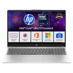 (Refurbished) HP 15, Intel Ultra 5 125H, 12 Tops (16GB DDR5, 512GB SSD) FHD, IPS, 15.6''/39.6cm, Win11, M365 Basic(1yr)* Office24, Silver, 1.65kg, fd1254TU, Intel Graphics, FHD Camera w/Shutter, AI Powered Laptop