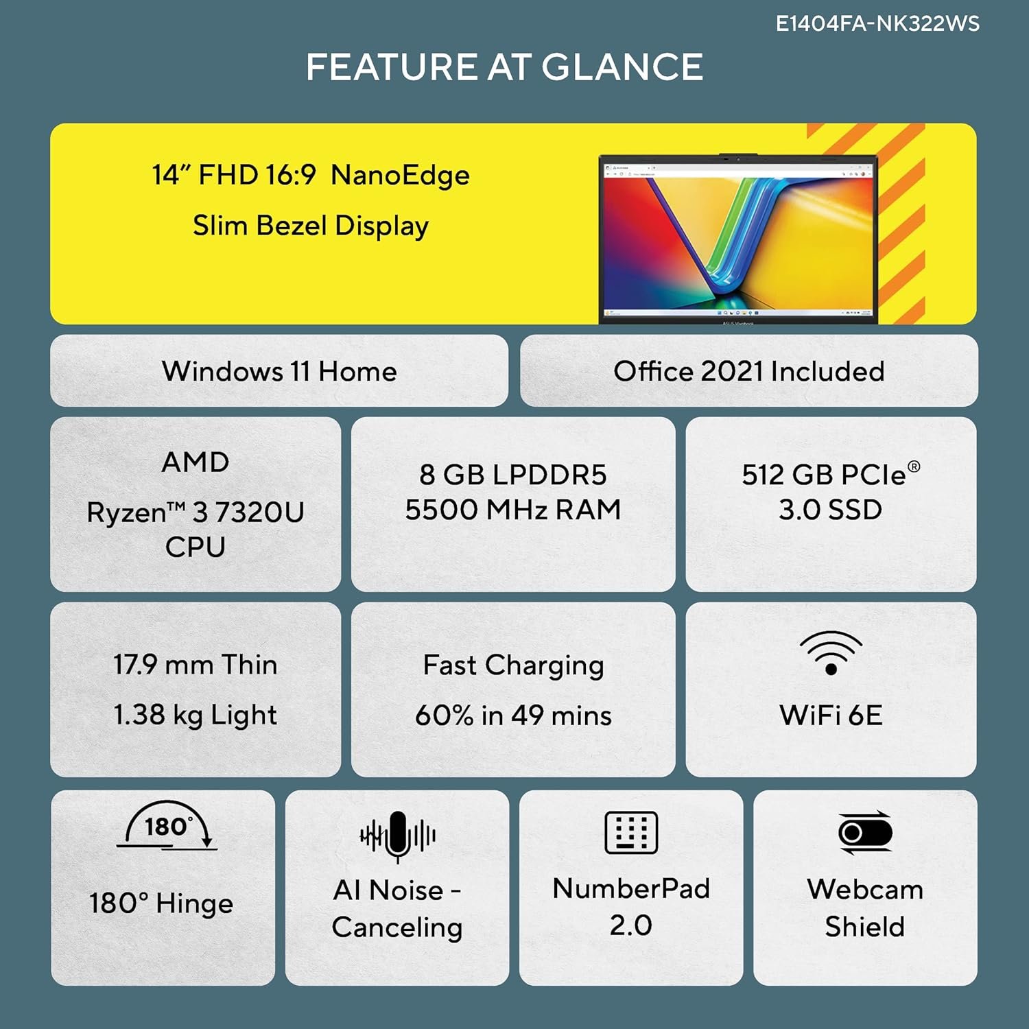 ASUS Vivobook Go 14 (2023), AMD Ryzen 3 7320U, 14-inch (35.56 cm) FHD, Thin & Light Laptop (8GB/512GB SSD/Windows 11/Office 2021/Alexa Built-in/Mixed Black/1.38 kg), E1404FA-NK322WS - Image 2