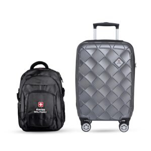 Swiss Military JUPITOR Grey 20 Inch Hardshell Luggage with 8 Wheels, TSA Lock & Laptop Backpack Combo, Black | Water Resistant, Quick Access Pockets, 24L | Travel & Office