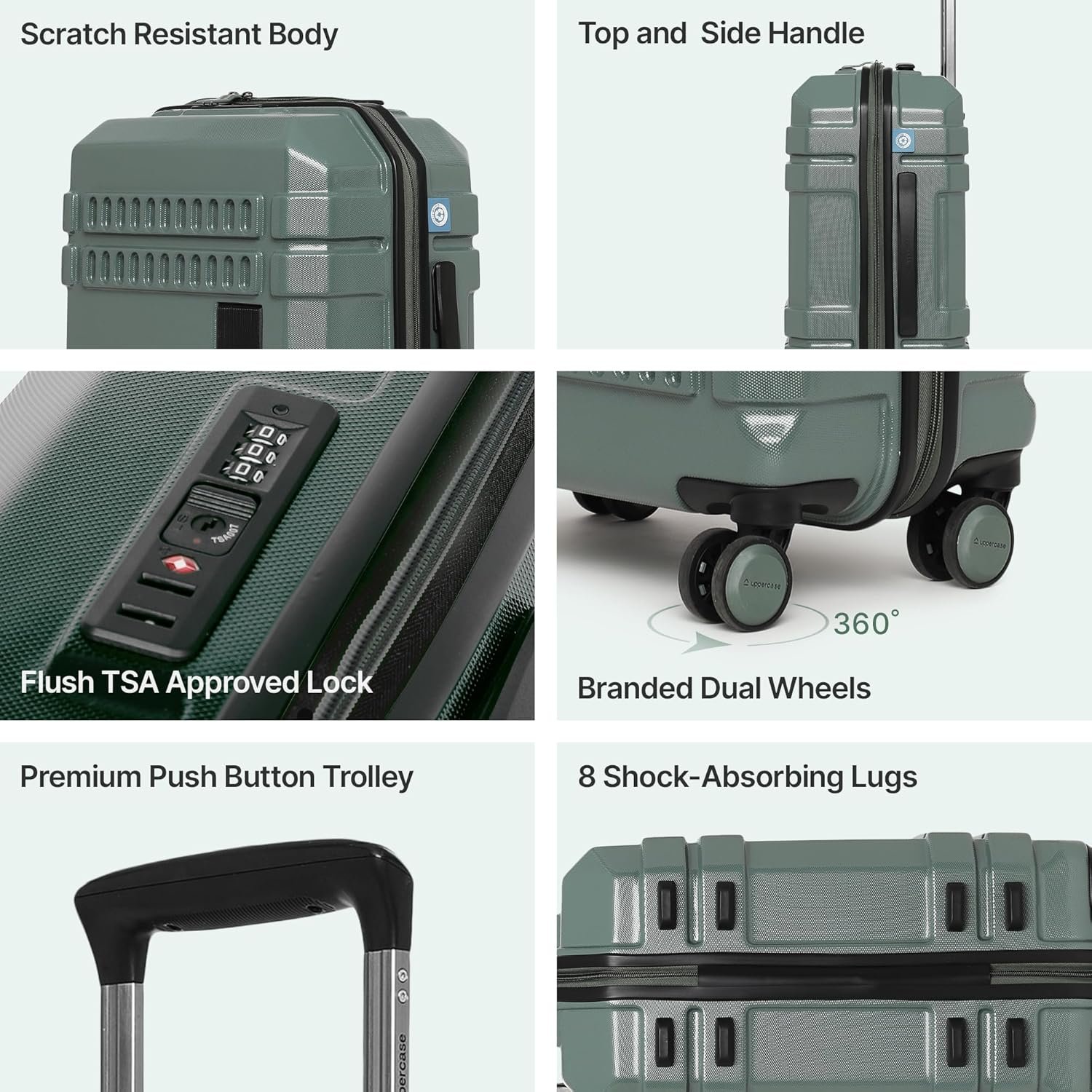 uppercase Bullet (Small) 56cm | Cabin Trolley Bag | Hardsided Luggage Anti-Scratch 8 Spinner Wheel Luggage | TSA Lock & Anti-Theft Zippers | Suitcase for Men & Women | 2000 Days Warranty (Green) - Image 4