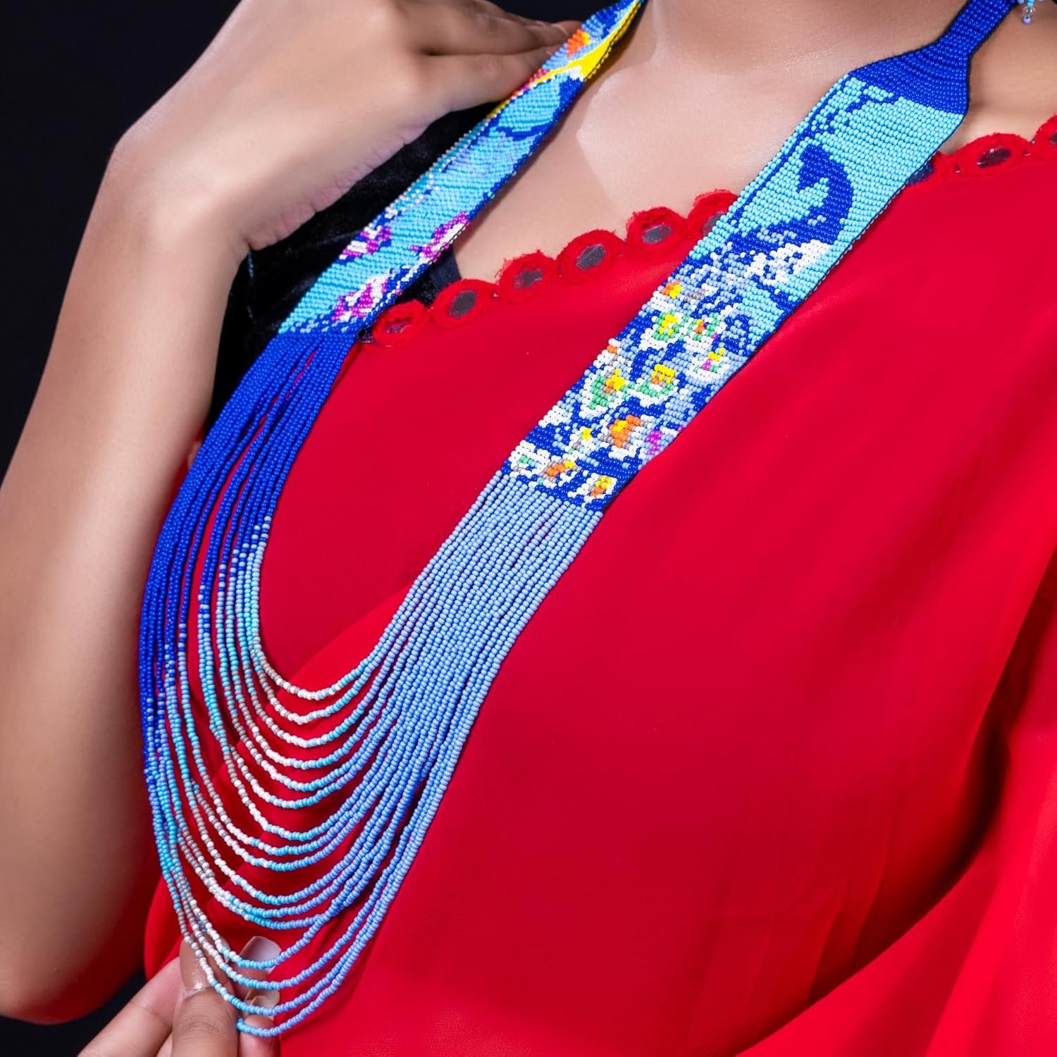 Peacock Bird Lovers Beaded Jewelry Set with Earrings | Ukrainian Turquoise Beaded Design | Chunky Peacock Pendant | Tribal Boho Flying Birds | African Woman Wildlife Gift for Pet Owners & Groomers - Image 3