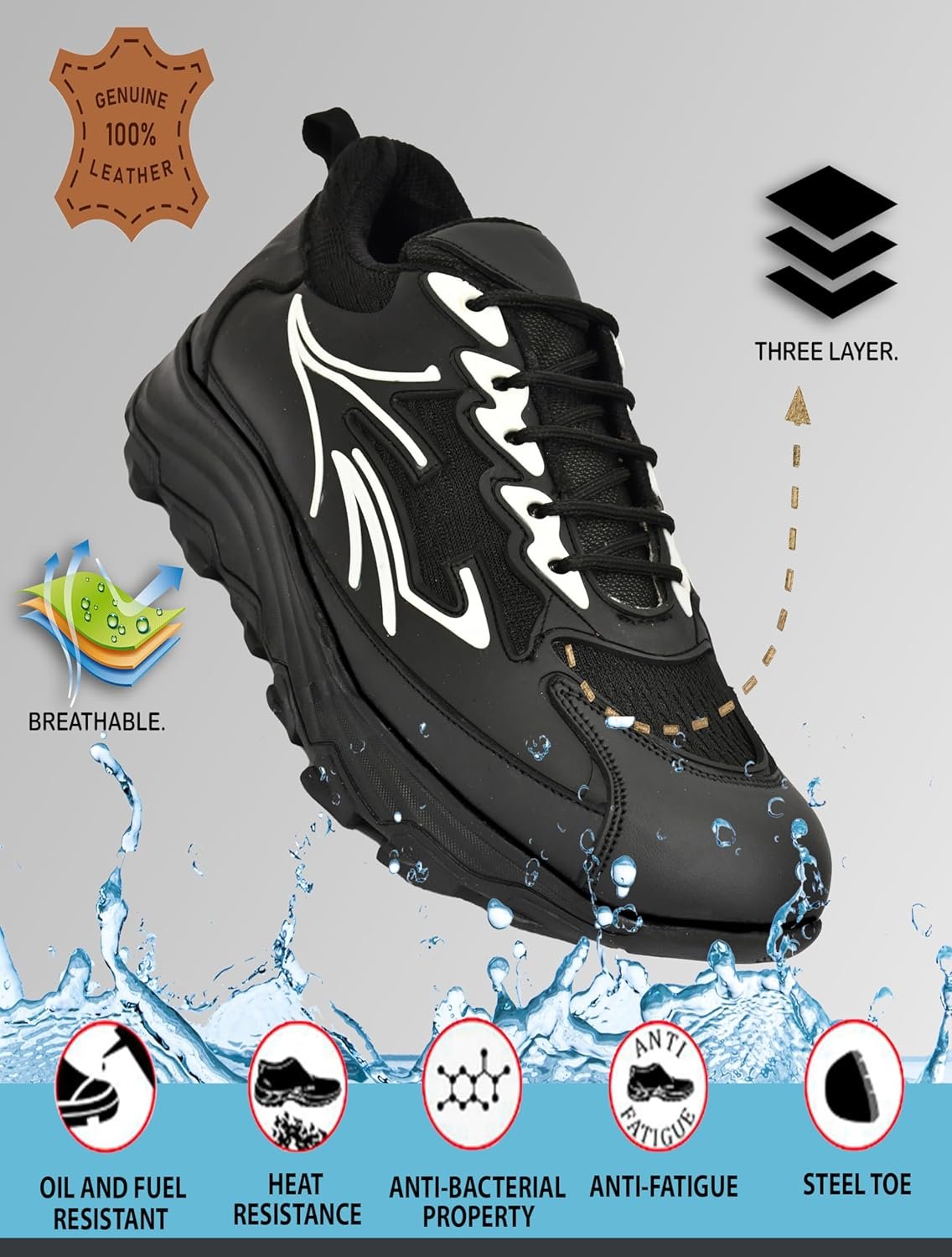 Lightweight Safety Shoes For Men; Genuine Leather Heavyduty Shoes For Industries; Steel Toe Safety Shoes; Comortable Safety Shoes For Industires & Construction & Office, Black, 8 - Image 7