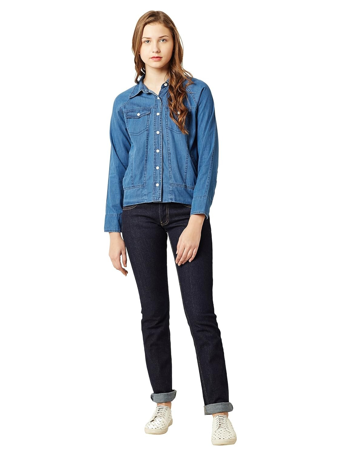 Miss Chase Women's Blue Collared Full Sleeves Solid Buttoned Denim Bomber Jacket - Image 2