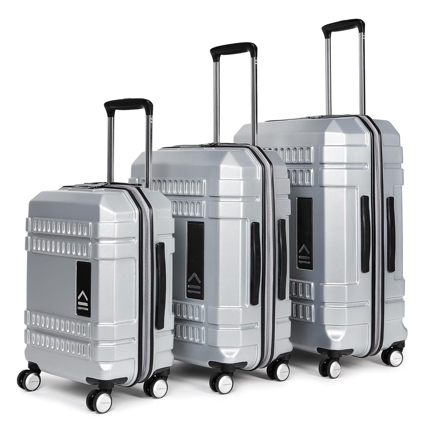 uppercase Bullet, Trolley Bag Set Of 3 (S+M+L) Cabin & Check-In Luggage, Hardsided Polycarbonate Printed Luggage, Tsa Lock Anti-Theft Zippers, 2000 Days Warranty (Silver, 32 X 54 X 74 Cm, Spinner)