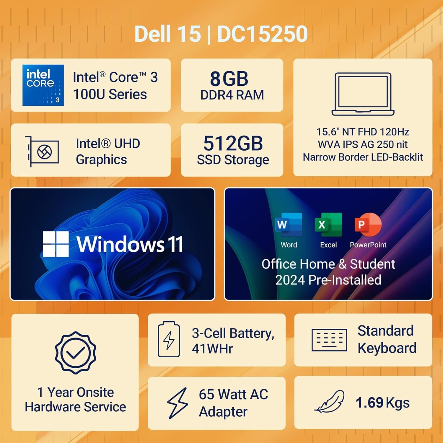 New Dell 15 Laptop, Intel Core 3 100U Processor, 8GB DDR4, 512 SSD, Intel UHD Graphics, 15.6" NT FHD 120Hz IPS AG 250 nit Display, Win 11 + Office H&S 2024, Carbon Black, Thin & Light- 1.63Kg - Image 2