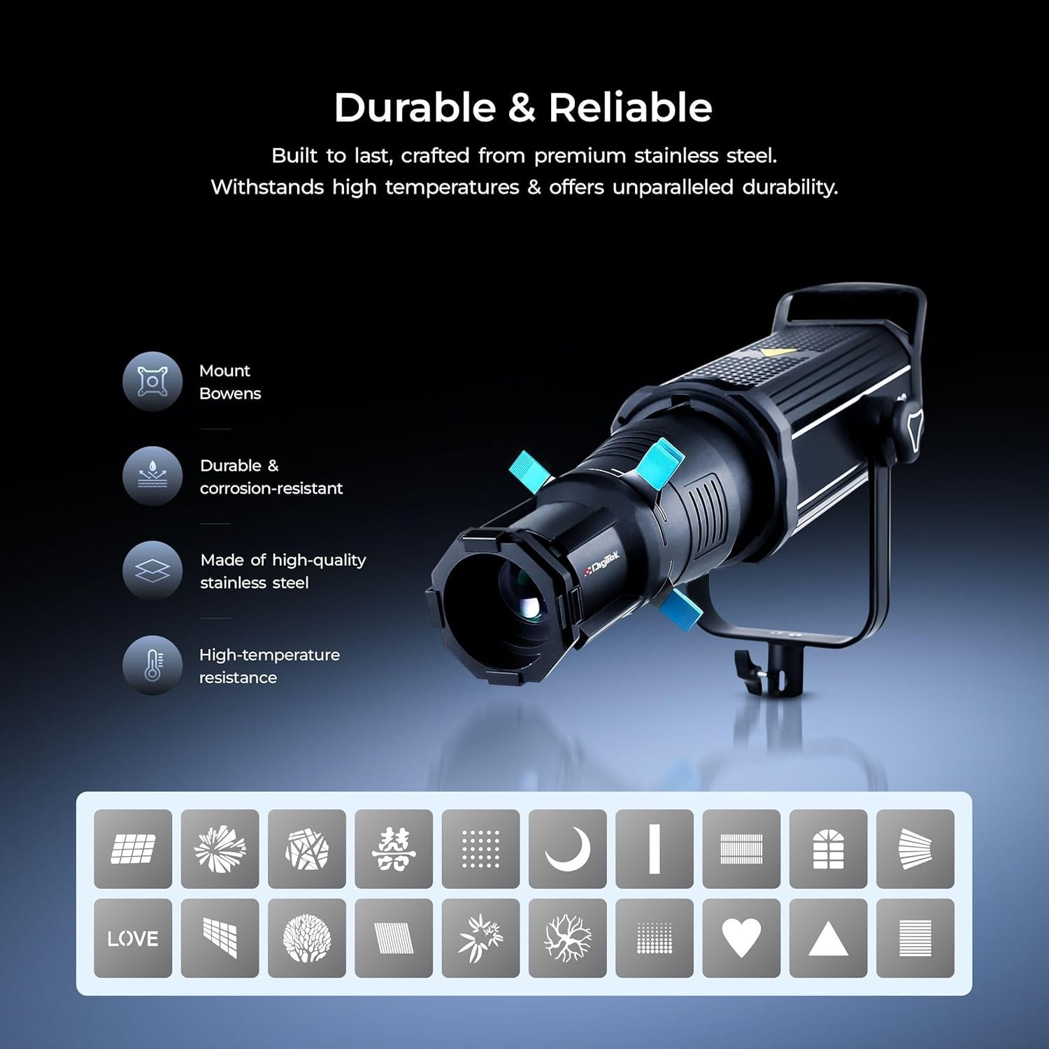 Digitek® (DS 220) Bowens Mount Optical Snoot Kit with 20 Stainless Steel GOBOs & 4X Color Gels (Red/Yellow/Green/Blue), Multifunction Focus Ring, Premium Metal Construction - Image 4