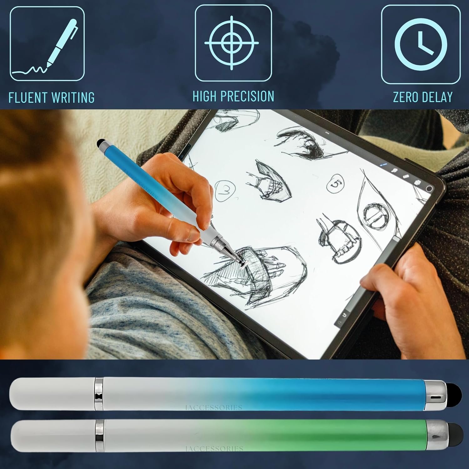 Dual-Sided Universal Stylus Pen Compatible with All Touch Screens Devices, iOS, Android Mobile Phones, Tablets - Pack of 2 (Green | Blue) - Image 5