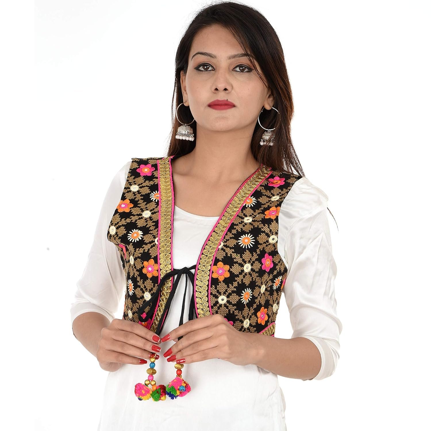 Craft Trade Jacket for Women Cotton Half Sleeveless Waist Coat Ethnic Navratri Garba Dandiya Traditional Rajasthani Embroidery Gujrati Kutchi Koti for Girls - Bust Size 34-38 Inches