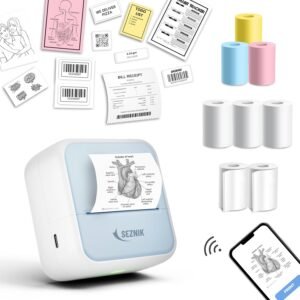 SEZNIK Mini Wireless Monochrome Home Inkjet Printers, Inkless, Bluetooth, Portable Pocket Printer, Compatible with Android, iOS Mobile. 1 Year Warranty (Minix-Blue)