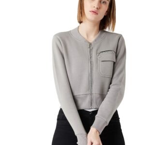 Miss Chase Women’s Grey Collared Full Sleeves Solid Bomber Cropped Jacket