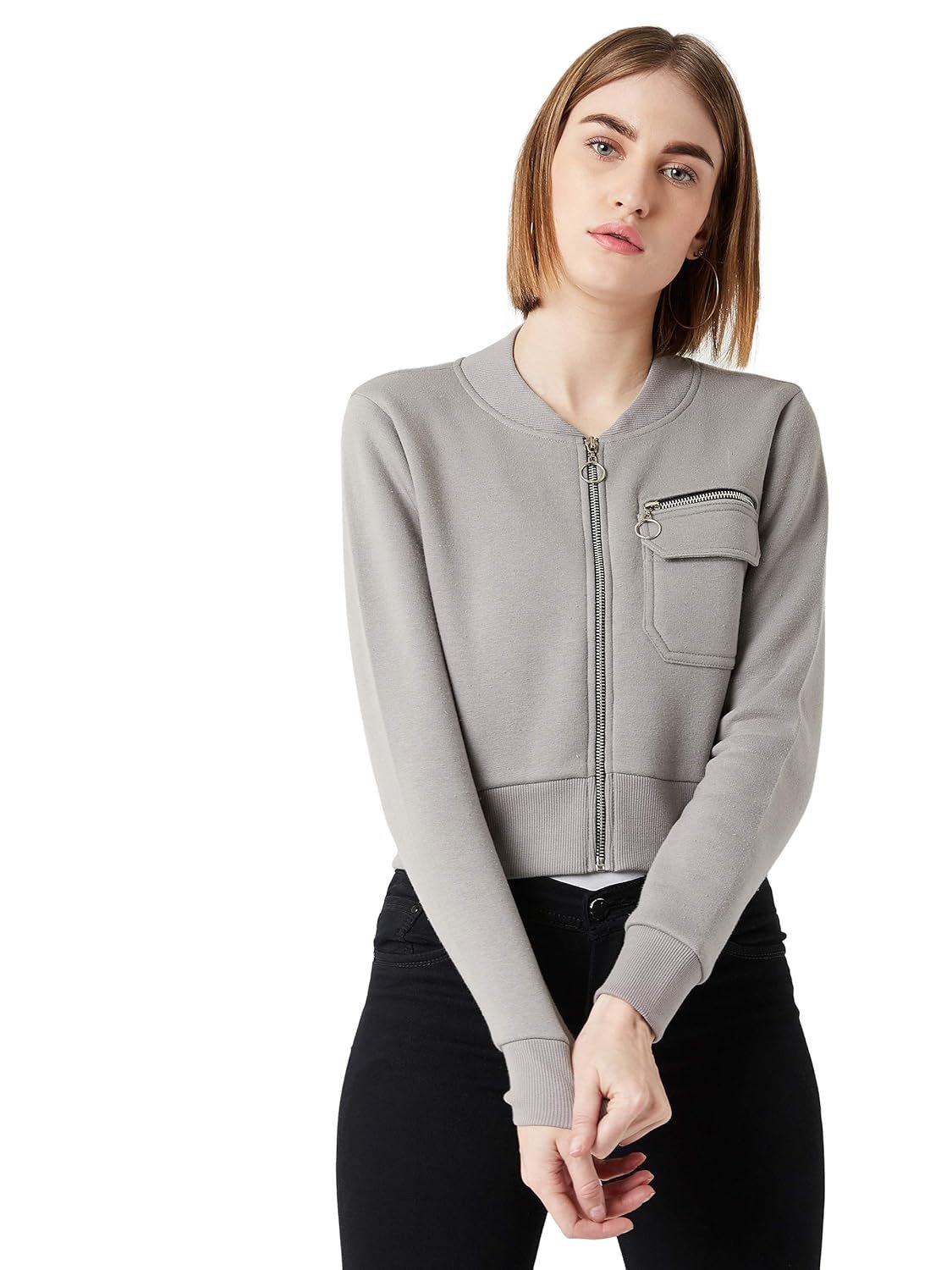 Miss Chase Women's Grey Collared Full Sleeves Solid Bomber Cropped Jacket
