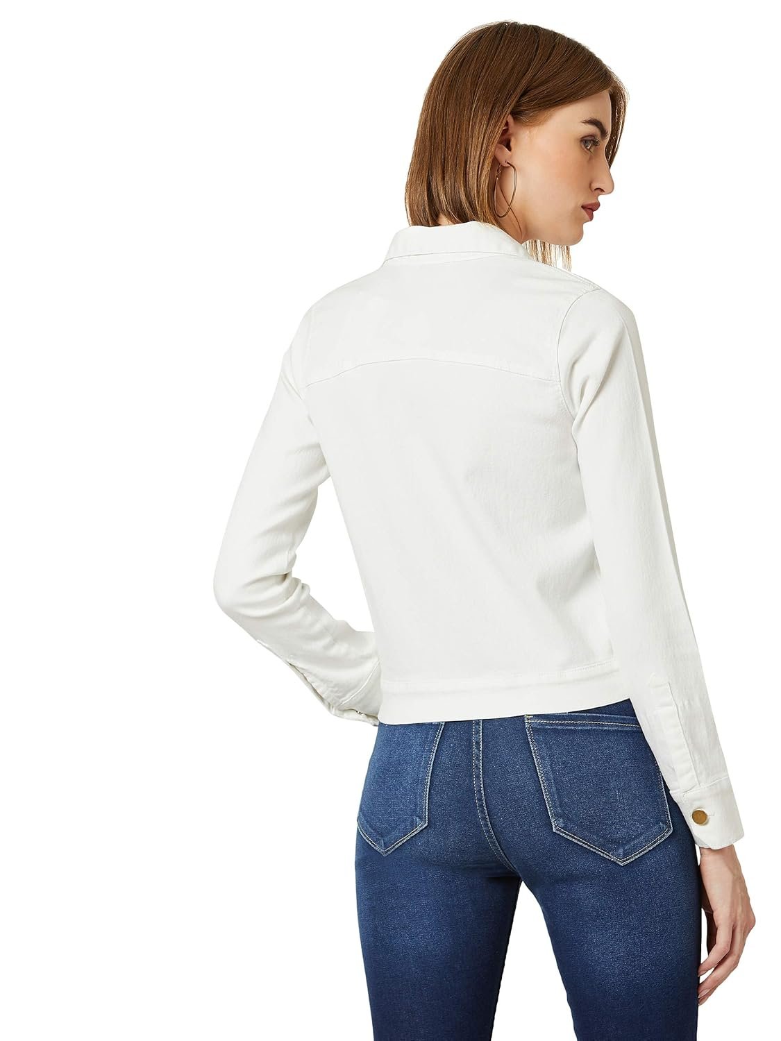 Miss Chase Women's White Collared Neck Full Sleeves Denim Solid Cropped Jacket - Image 4