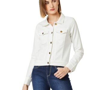 Miss Chase Women’s White Collared Neck Full Sleeves Denim Solid Cropped Jacket