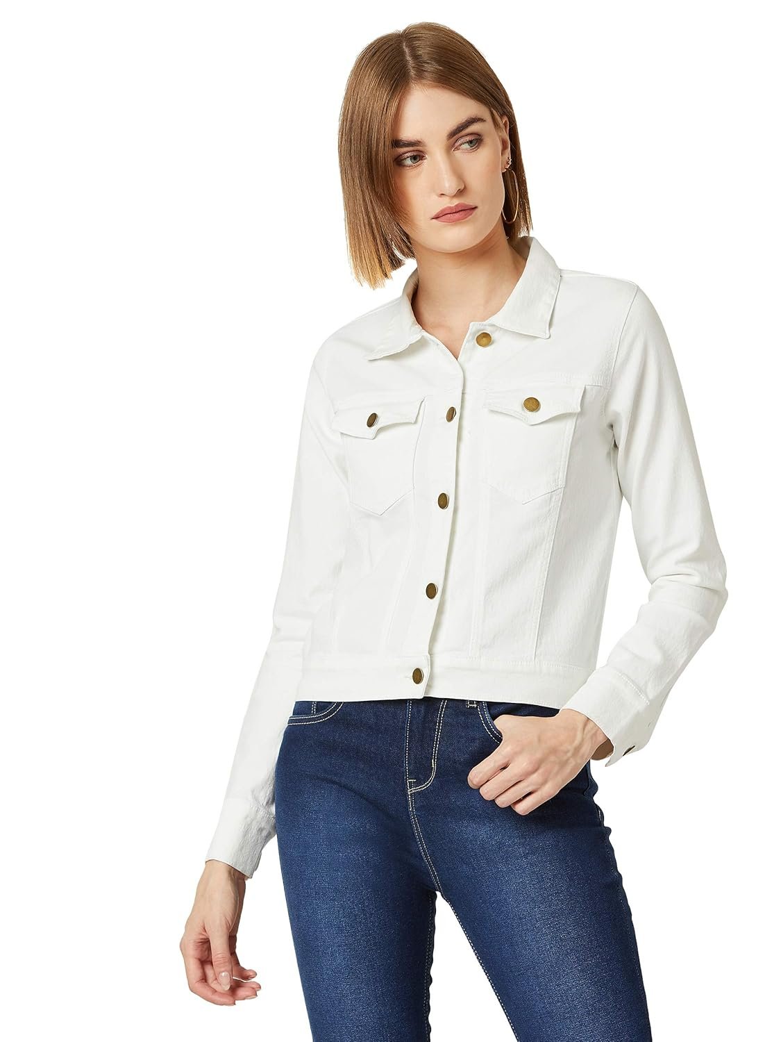 Miss Chase Women's White Collared Neck Full Sleeves Denim Solid Cropped Jacket
