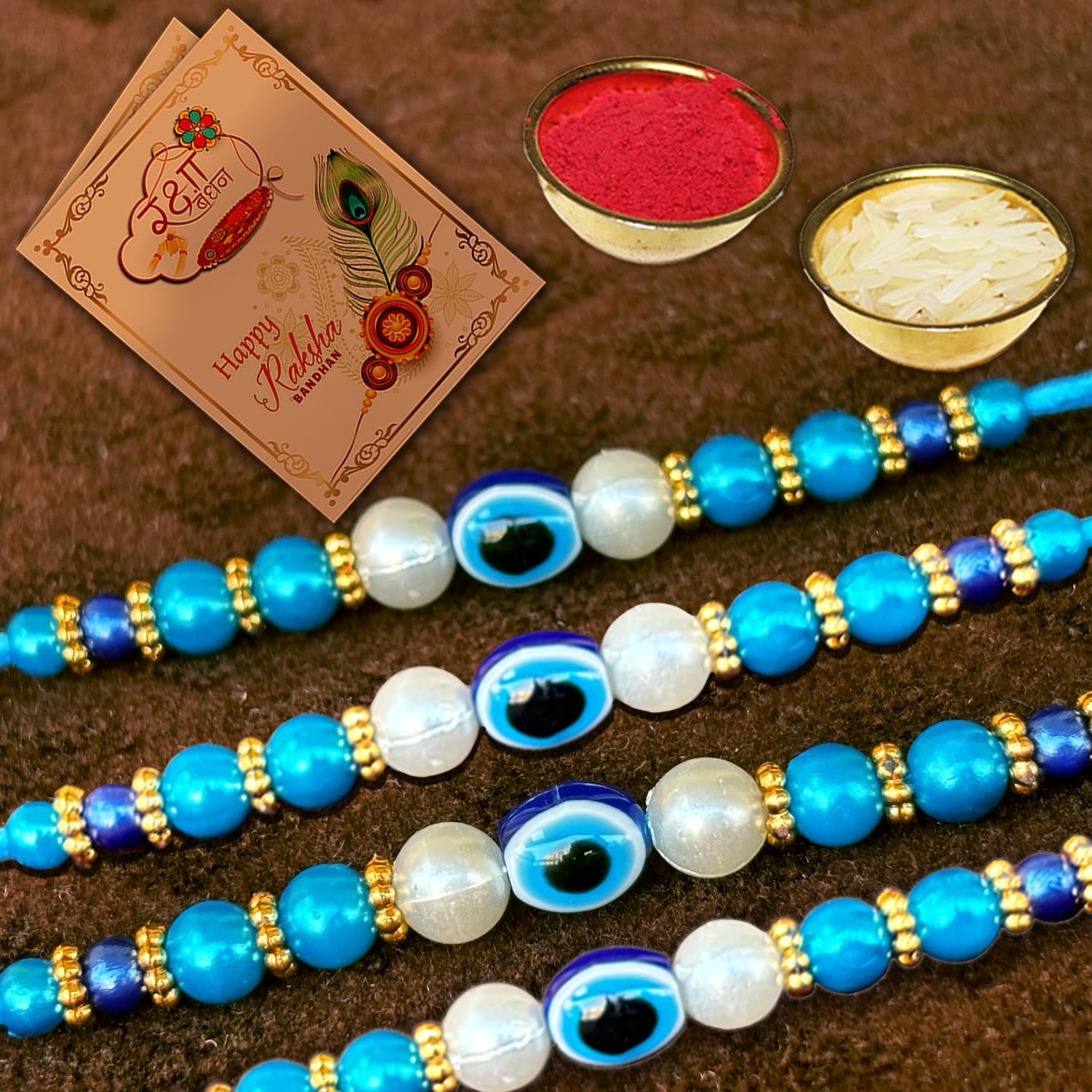 Rakhi Gift for Brother Evil Eye Rakhis Combo With Roli chawal and Rakshabandhan Greeting card (4EV) Set of 4 Rakhi - Image 4
