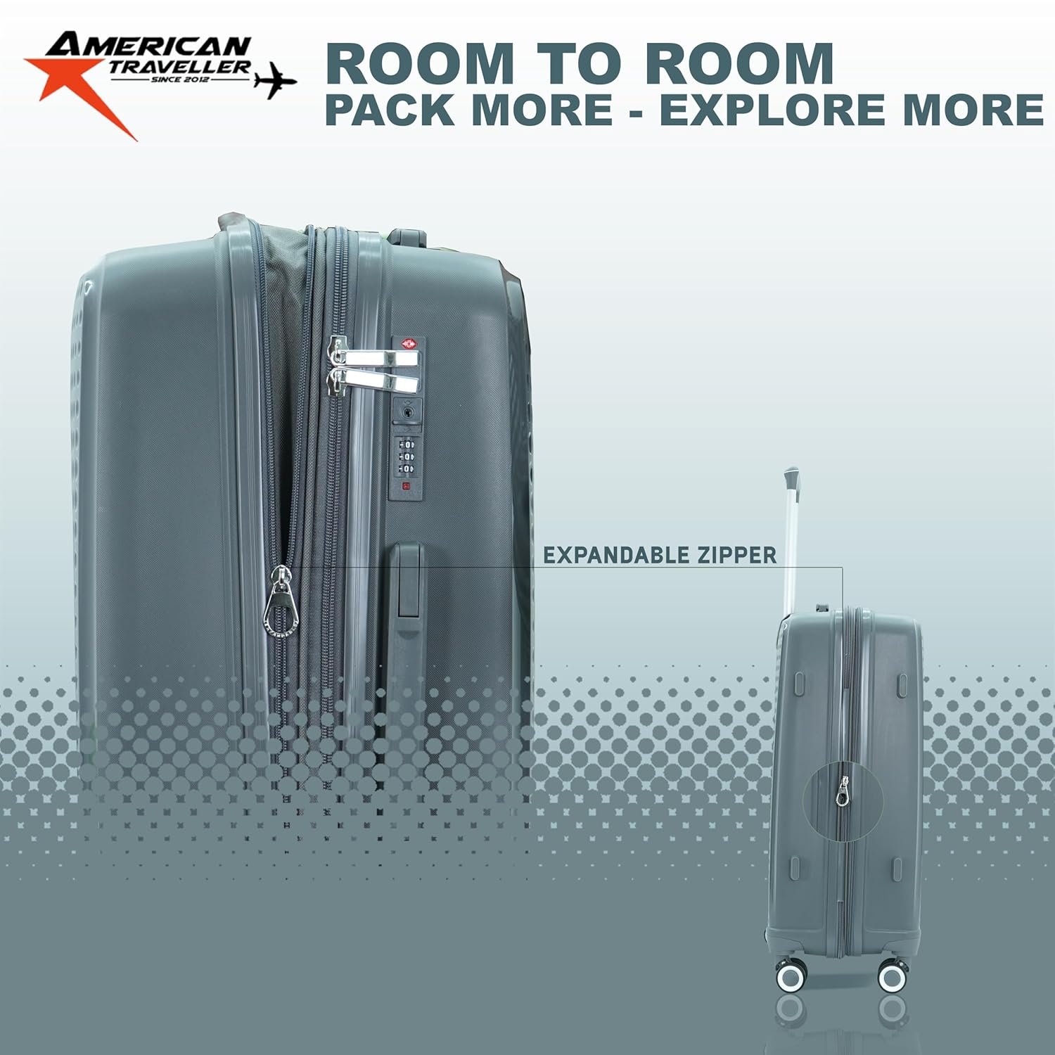 American Traveller Tourispro 2.0 Trolley Bags Lightweight Set of 3 Large and Expandable Suitcase Hardshell Polypropylene Travel Luggage Bag with TSA Type Lock & 8 Disc Wheels. (3, Charcoal Gray) - Image 3