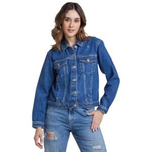 Spykar Women Mid Blue Regular Fit Classic Collar Denim Jacket