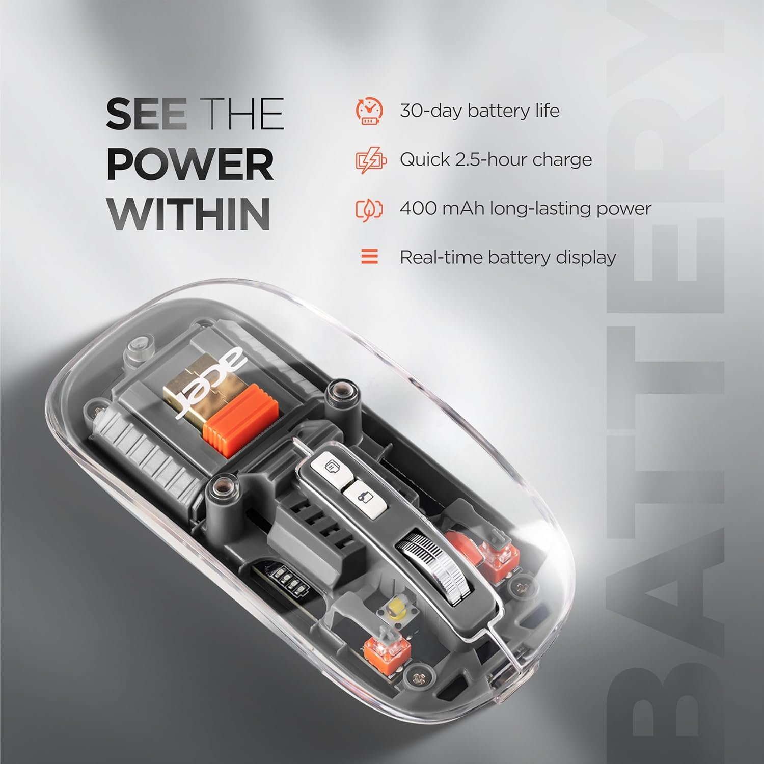 Acer Clearview Transparent Wireless Mouse with Triple-Mode Connectivity, Silent Click Tech, Metal Scroll Wheel,1600 DPI Optical Sensor, USB-C Charging, Compatible Windows, MacOS, iOS, Android-Grey - Image 5