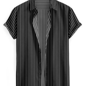 Men’s Short Sleeve Pinstripe Button-Down Shirt, Black and White, Casual Style