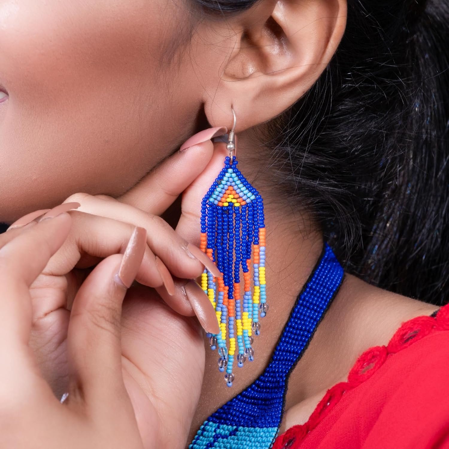 Peacock Bird Lovers Beaded Jewelry Set with Earrings | Ukrainian Turquoise Beaded Design | Chunky Peacock Pendant | Tribal Boho Flying Birds | African Woman Wildlife Gift for Pet Owners & Groomers - Image 2