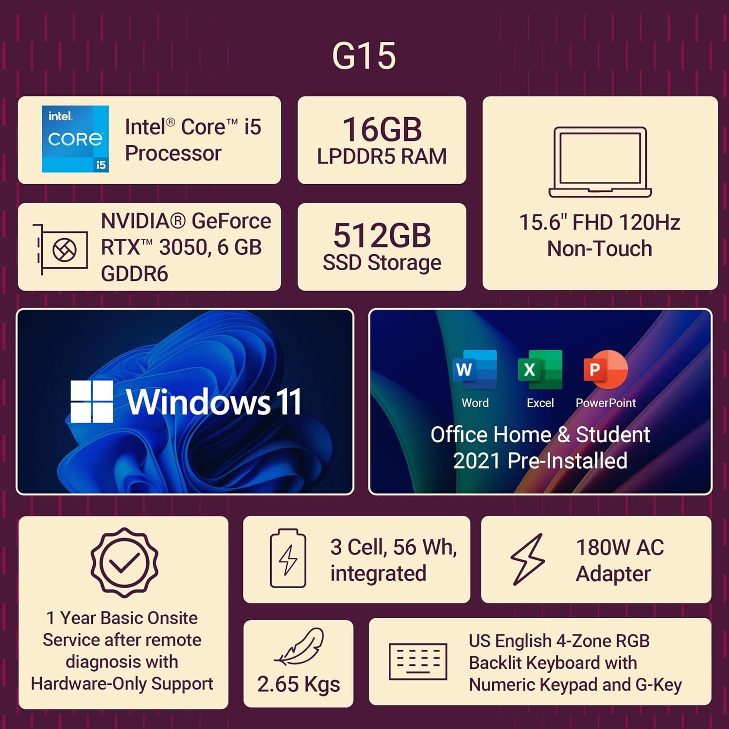 Dell G-series-15-5530-laptop - 15.6" FHD, Intel Core i5-13450HX, 16GB DDR5 RAM, 512GB SSD, NVIDIA GeForce RTX 3050, 4-Zone RGB Backlit Keyboard + G-Key, Dark Shadow Gray, Win 11 + H&S 2021, 2.65 Kg - Image 2