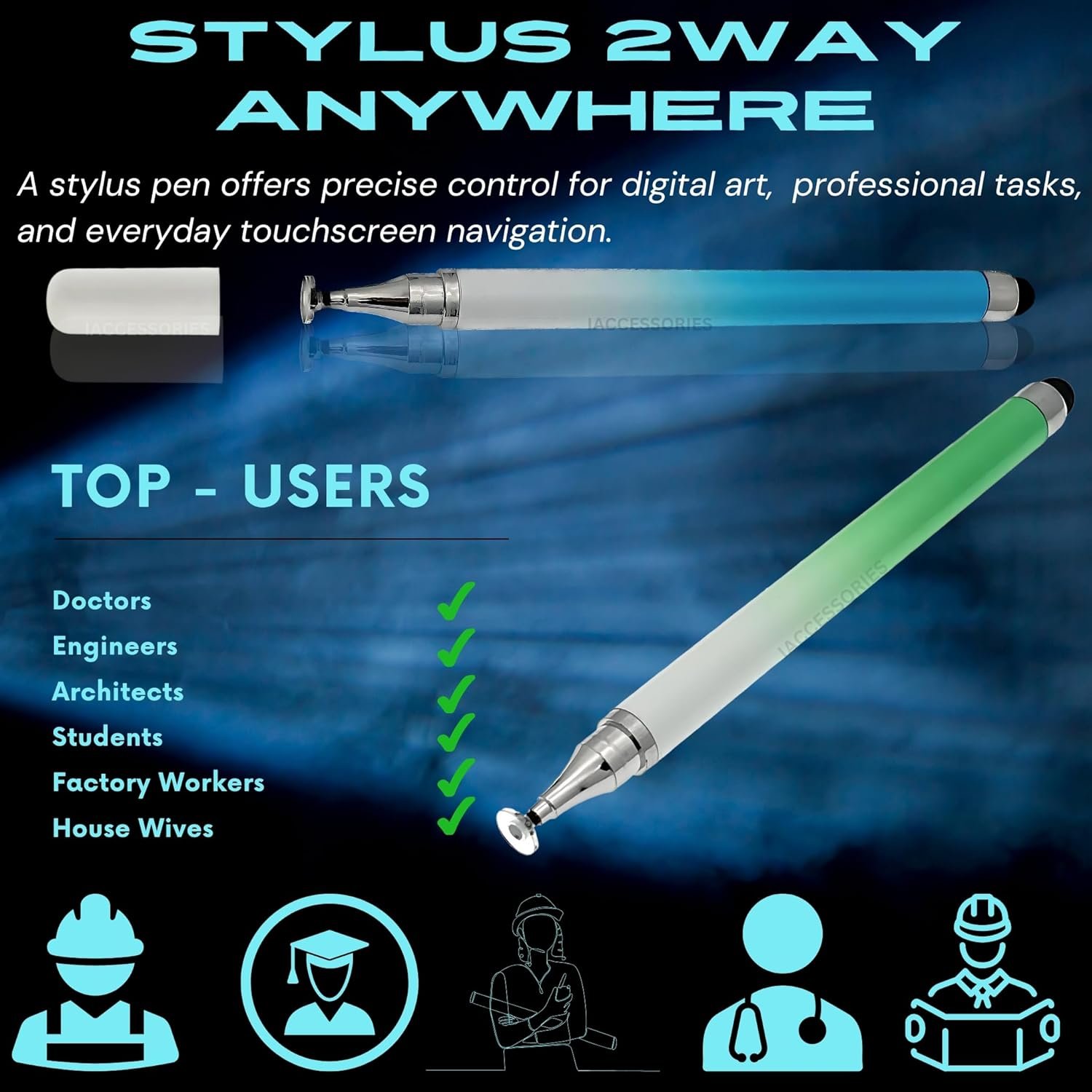 Dual-Sided Universal Stylus Pen Compatible with All Touch Screens Devices, iOS, Android Mobile Phones, Tablets - Pack of 2 (Green | Blue) - Image 3