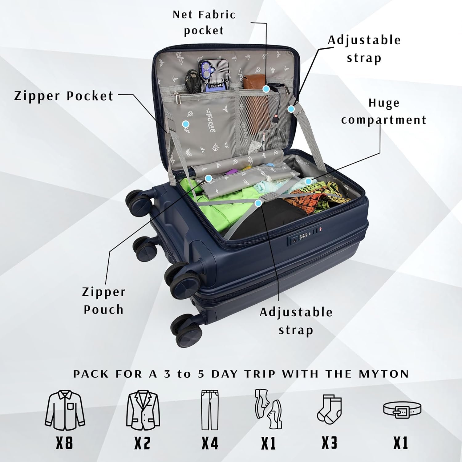 F Gear Myton Navy Cabin Front Opening Hard Luggage | Lightweight Expandable Carry-On Suitcase with 360° Spinner Silent 8-Wheels, Built-in TSA Lock, Anti-Theft Zipper & 3-Level Telescopic Trolley - Image 6