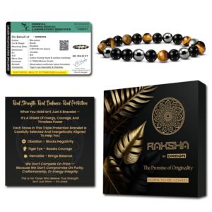ORBON RAKSHA Certified Original Triple Protection Bracelet | Hematite, Obsidian & Tiger Eye Crystal | Negative Energy Protection Bracelet for Men, Women with Activation Card & Authenticity Certificate