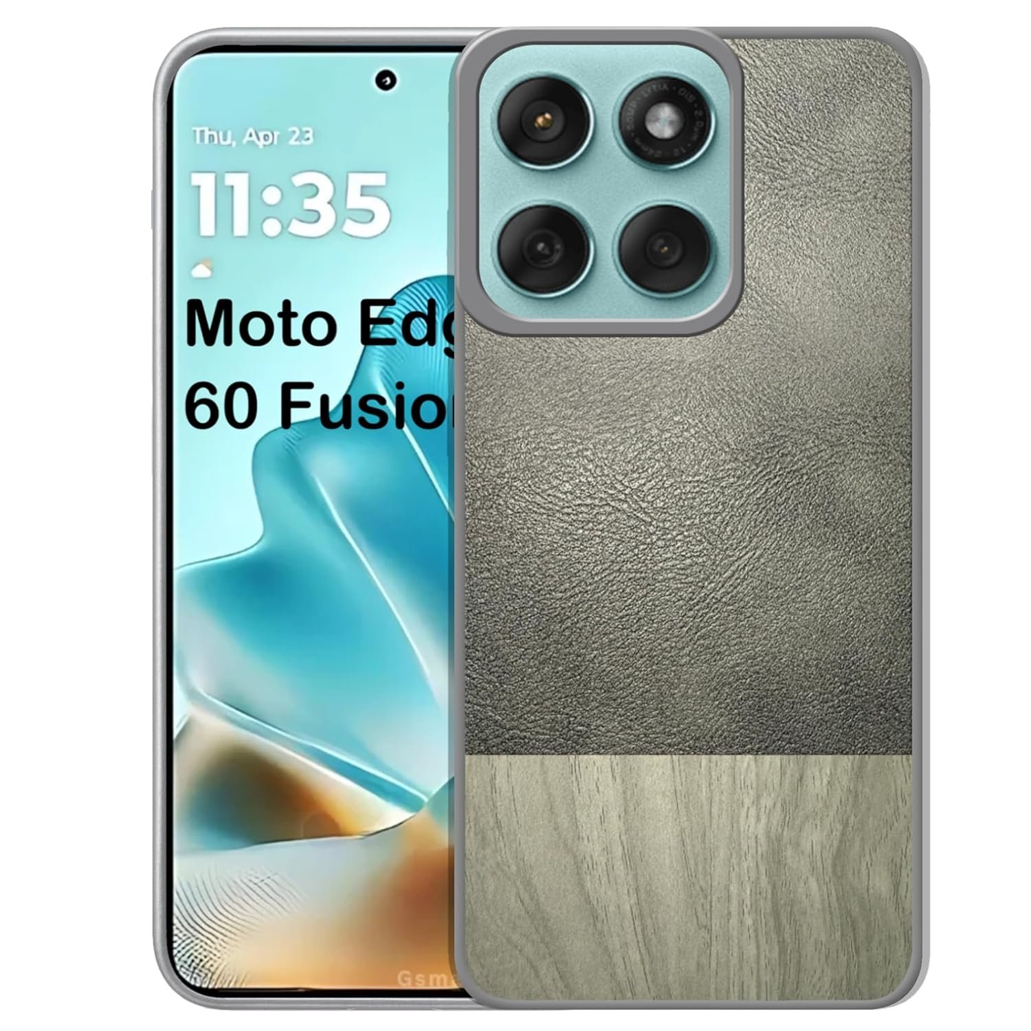 Pinaaki Enterprises Luxury Leather and Wooden Texture Moto Edge 60 Fusion 5G Back Cover Case | Baby Skin Feel Full Camera Protection Case | Raised Edges | Side Soft TPU (Gray)