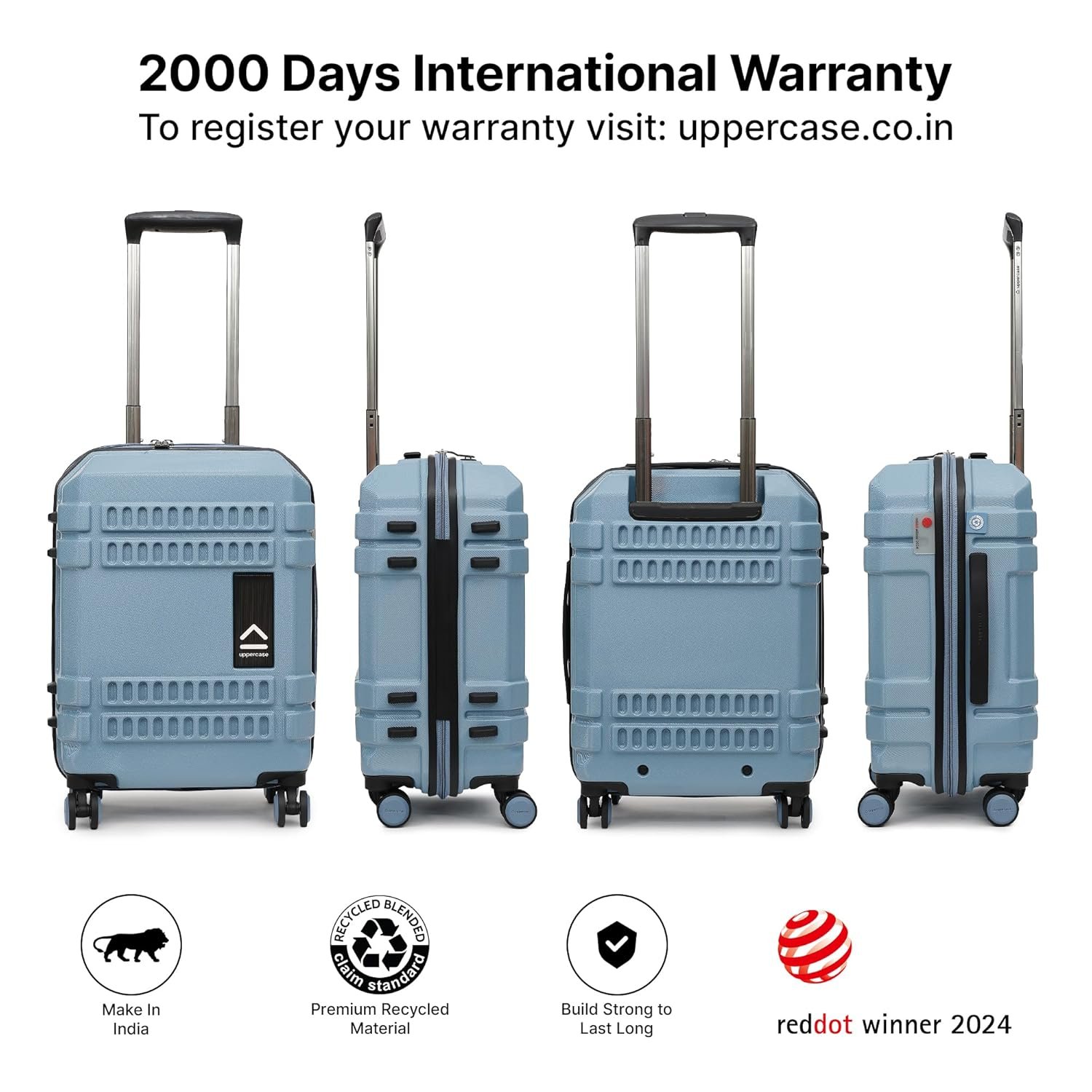 uppercase Bullet (Small) 56Cm, Spinner, Cabin Trolley Bag, Hardsided Anti-Scratch 8 Wheel Luggage, TSA Lock & Anti-Theft Zippers, Suitcase for Unisex, 2000 Days Warranty (Blue) - Image 2