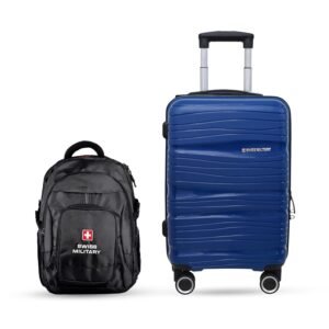 Swiss Military PP Swirl Textured Hard Top 20 Inch Luggage Trolley Bag, 360 Degree Rotatable 8 Wheels, 3 Dial Combination Lock, 41 Liters, HTL121 (Blue Luggage + Backpack)