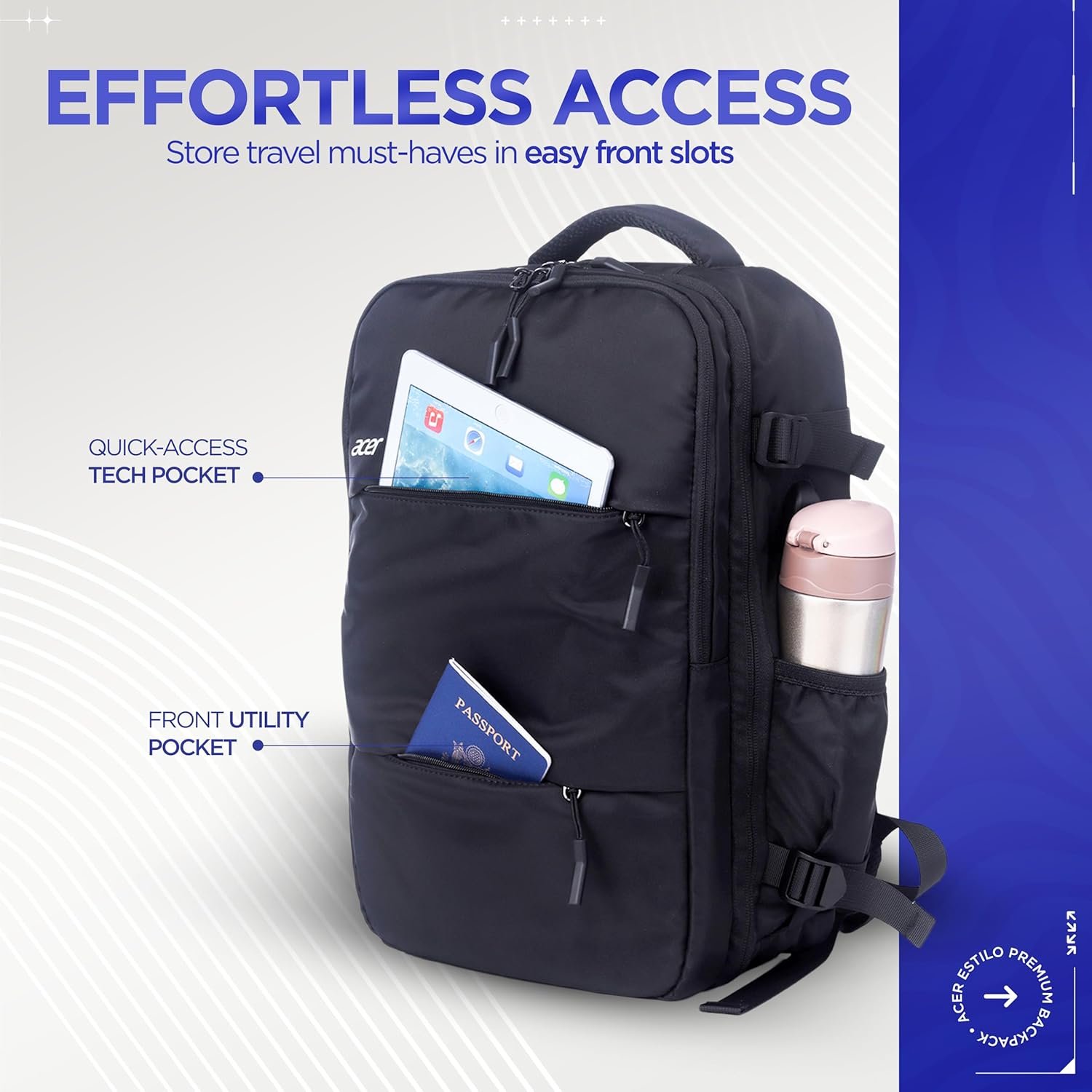 Acer Estilo Premium 15.6 Inch Black Color Backpack I Water Resistent Polyester I Expandable, 2 Zipper Front Pocket, 2 More Compartment for Laptop and Other Accessories I USB Charging I Strolley Strap - Image 3