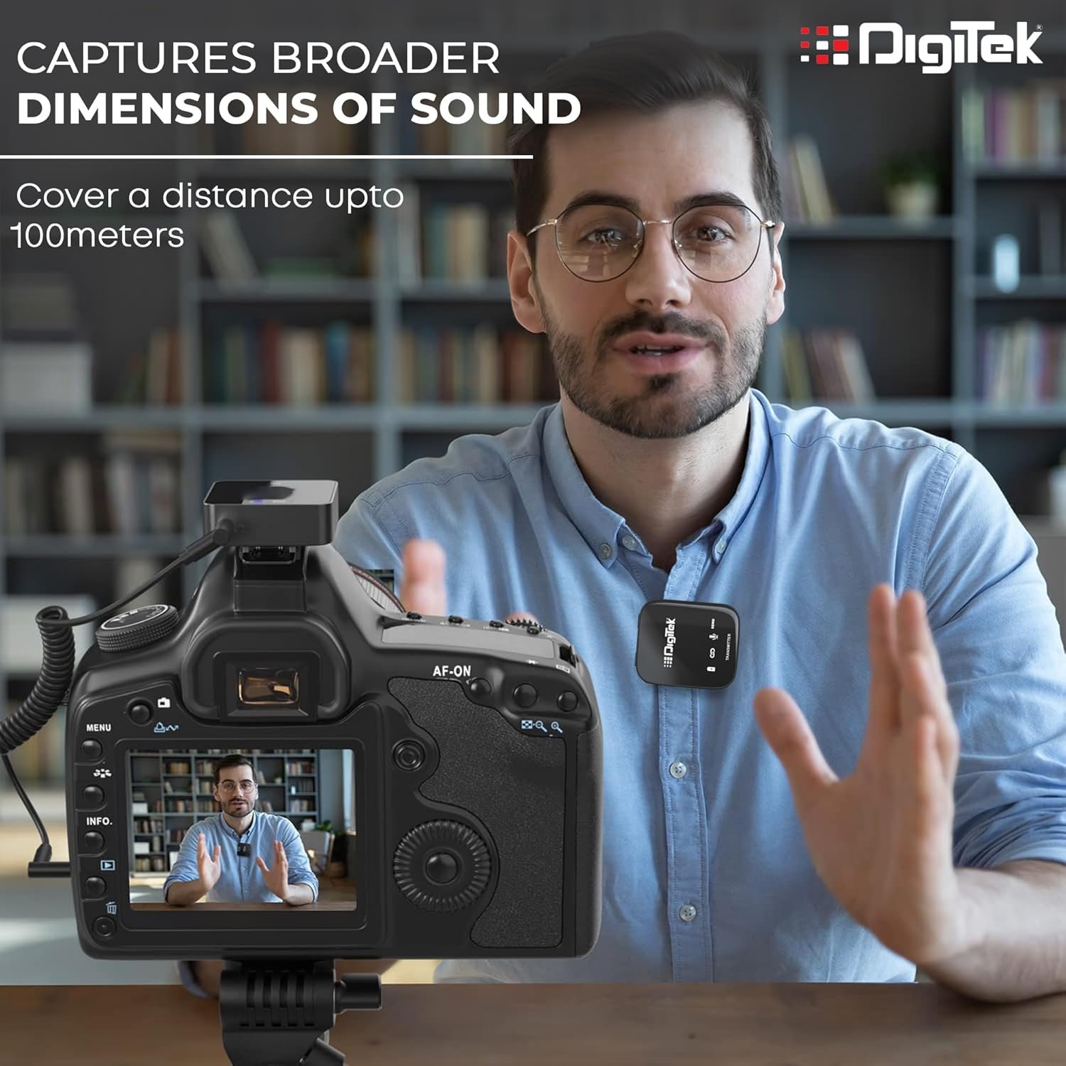 Digitek® (DWM 101 Wireless Microphone System with ANC Noise Reduction, 360° Sound Capture, 100M Range, Upto 12 Hrs Working Time, for DSLR Camera, Android & iOS Smartphones, Seamless Audio Recording - Image 5