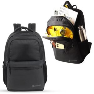 GadgetBite Veltro Laptop Bag 25 Ltrs Large 4 Compartment Laptop Backpack Travelling Bag For Men and Women College Travel Bag Durable Leather Office Bag With Trolley Sleeve & Bottle Pockets – Black