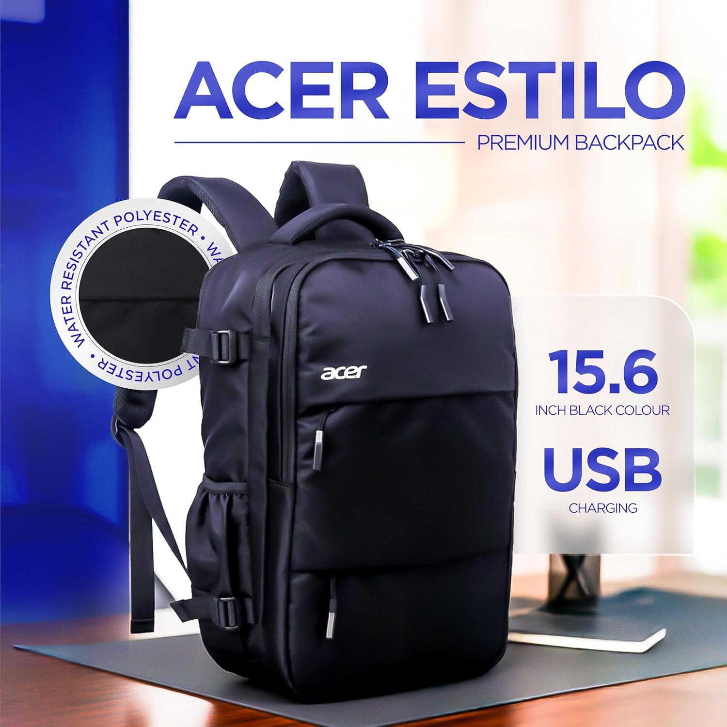 Acer Estilo Premium 15.6 Inch Black Color Backpack I Water Resistent Polyester I Expandable, 2 Zipper Front Pocket, 2 More Compartment for Laptop and Other Accessories I USB Charging I Strolley Strap - Image 2