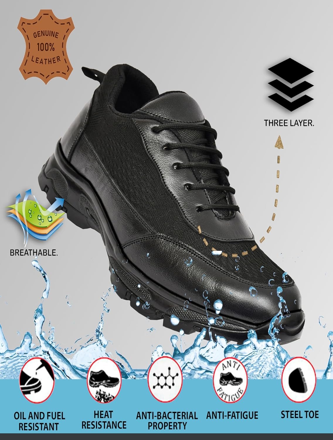 Lightwieght Safety Shoes For Men; Heavyduty Shoes For Industries; Steel Toe Safety Shoes; Comfortable And Durable Sports Look Safety Shoes For Industires & Construction & Office, Black, 8 - Image 6