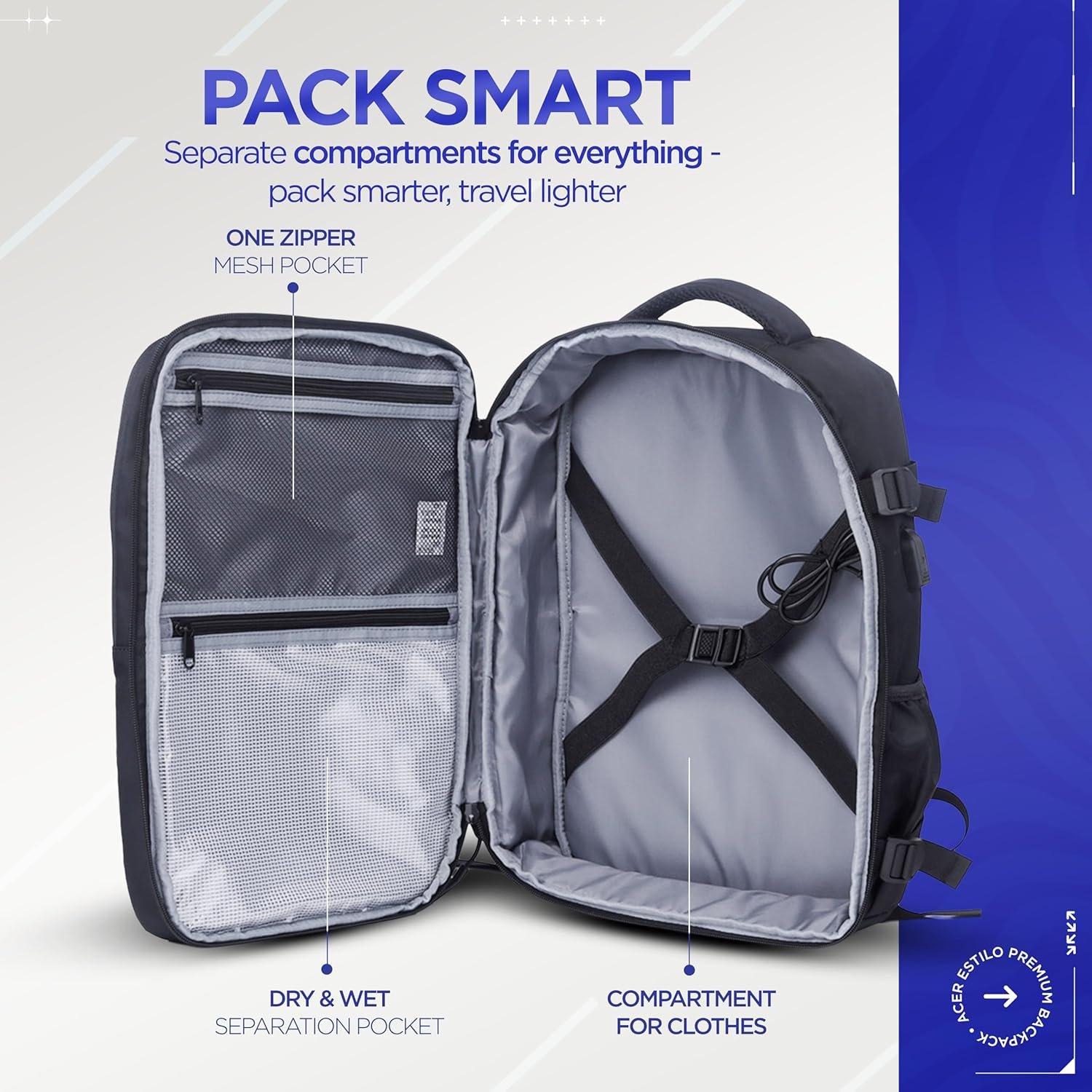 Acer Estilo Premium 15.6 Inch Black Color Backpack I Water Resistent Polyester I Expandable, 2 Zipper Front Pocket, 2 More Compartment for Laptop and Other Accessories I USB Charging I Strolley Strap - Image 4