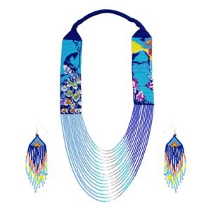 Peacock Bird Lovers Beaded Jewelry Set with Earrings | Ukrainian Turquoise Beaded Design | Chunky Peacock Pendant | Tribal Boho Flying Birds | African Woman Wildlife Gift for Pet Owners & Groomers