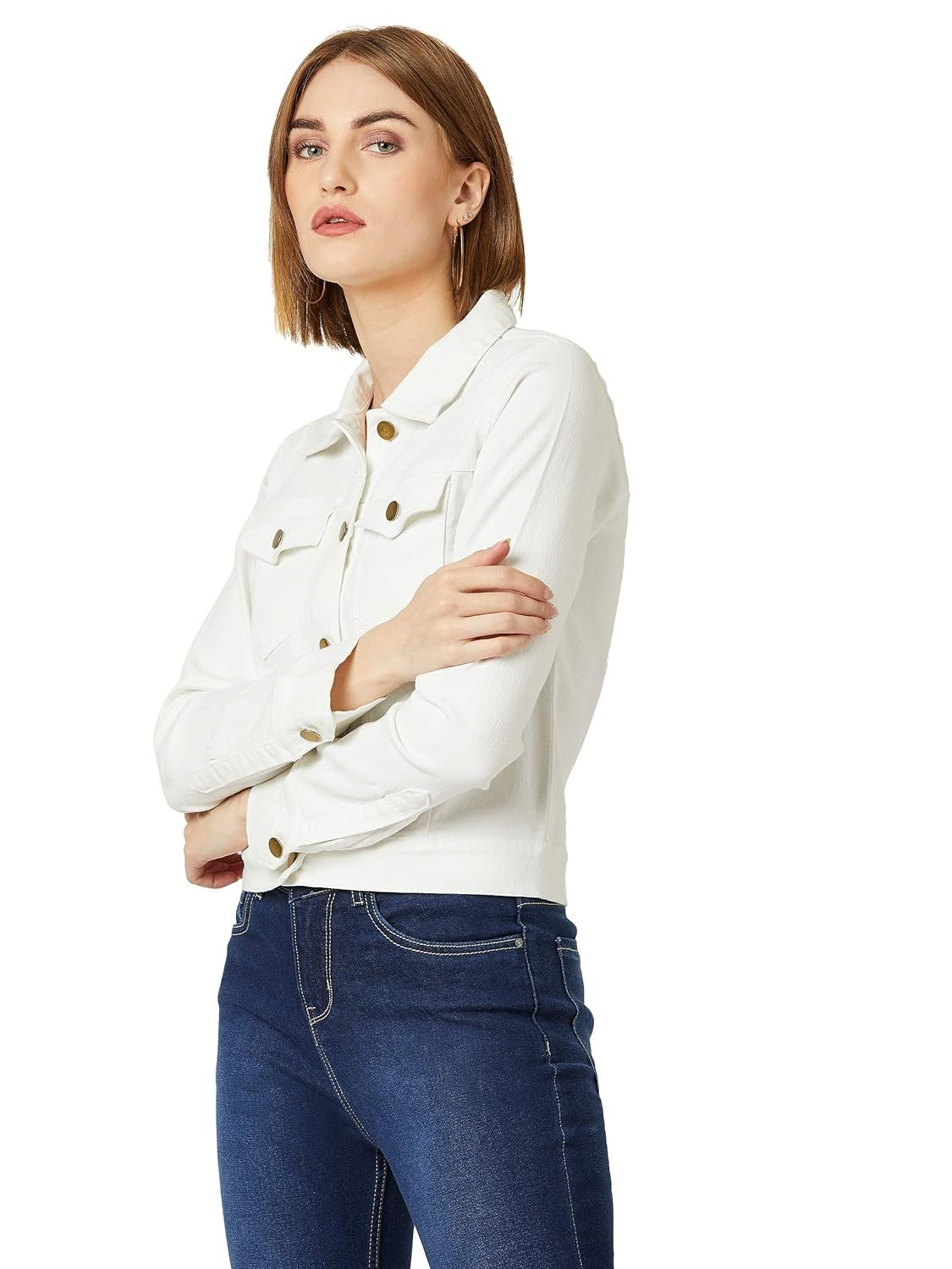 Miss Chase Women's White Collared Neck Full Sleeves Denim Solid Cropped Jacket - Image 3