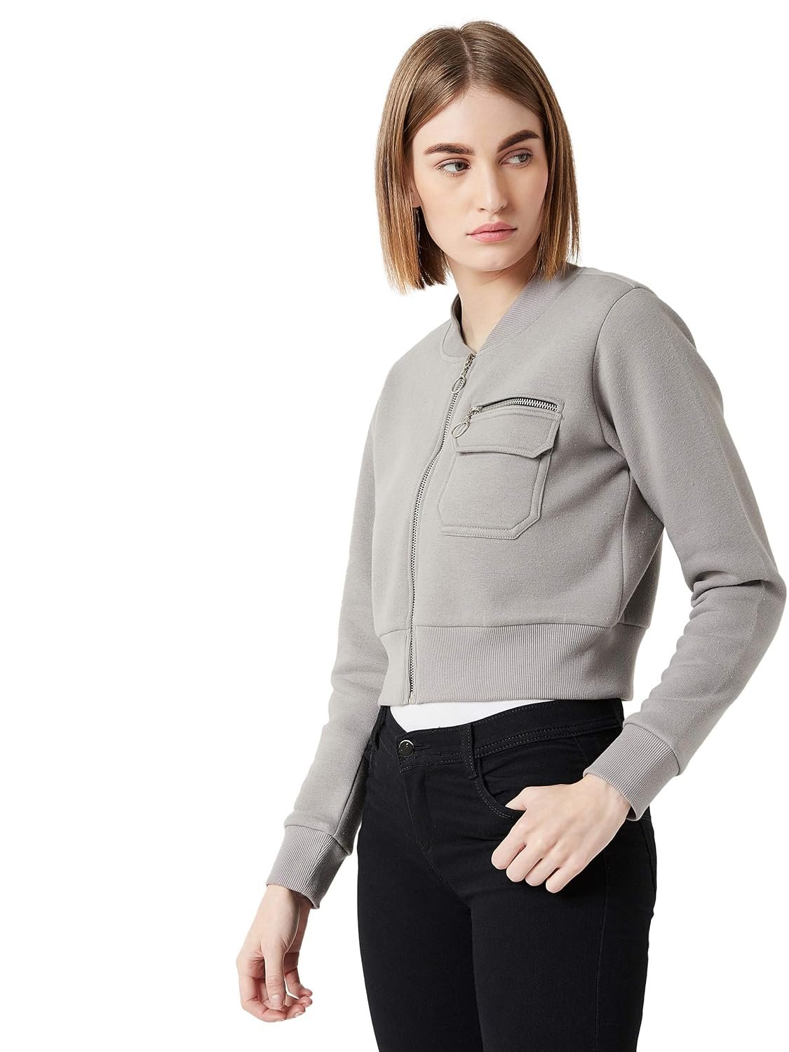 Miss Chase Women's Grey Collared Full Sleeves Solid Bomber Cropped Jacket - Image 3