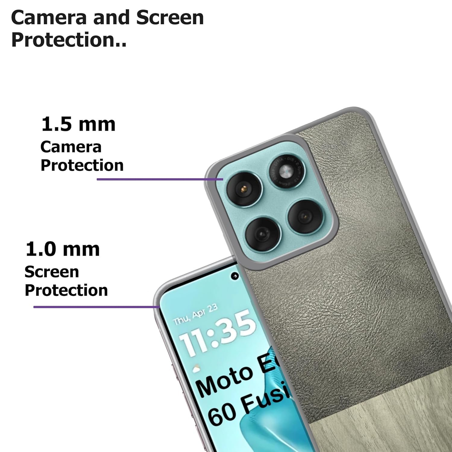 Pinaaki Enterprises Luxury Leather and Wooden Texture Moto Edge 60 Fusion 5G Back Cover Case | Baby Skin Feel Full Camera Protection Case | Raised Edges | Side Soft TPU (Gray) - Image 2